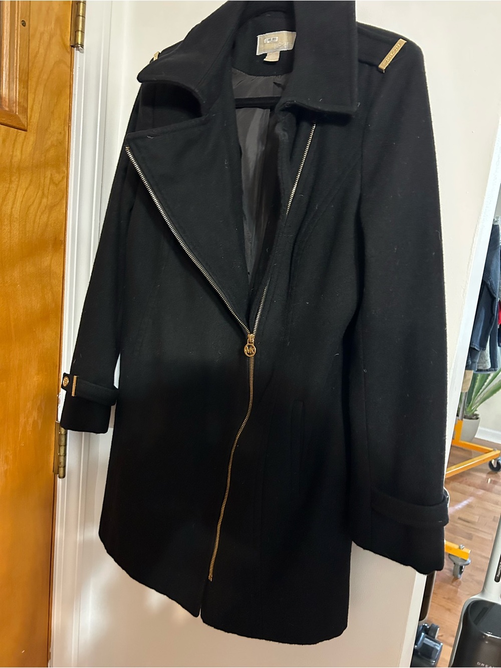 Black Wool-Blend Asymmetrical Zip Coat with Gold Hardware